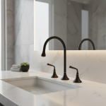 Becola Robinet de lavabo de salle de bain avec double poignées et trois trous, design minimaliste contemporain, noyau de valve en céramique de haute qualité