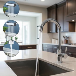 Robinets de cuisine cascade 4 en 1, robinet d&rsquo;évier de cuisine avec pomme de douche pivotante universelle, robinet rotatif à 360 degrés résistant aux éclaboussures