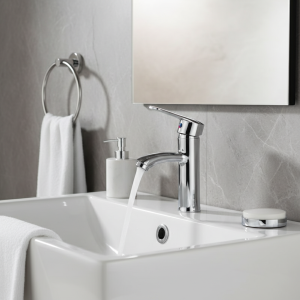 Robinet d&rsquo;évier de salle de bains, fonction chaude et froide avec ensemble d&rsquo;accessoires, robinet d&rsquo;évier de lavabo argenté, buse circulaire