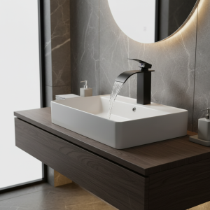 Lavabo cascade en acier inoxydable, robinet haut et bas noir, lavabo de toilette chaud et froid, salle de bains maison Lavabo cascade en acier inoxydable, robinet haut et bas noir, lavabo de toilette chaud et froid, salle de bains maison