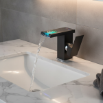 Robinet de lavabo noir LED de luxe, grand et court, salle de bains, poignée unique, débit d&rsquo;eau froide et chaude, produit de l&rsquo;électricité