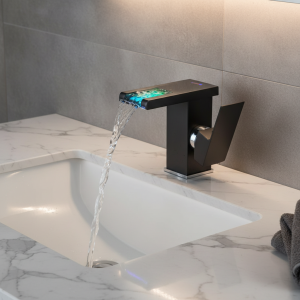 Robinet de lavabo noir LED de luxe, grand et court, salle de bains, poignée unique, débit d’eau froide et chaude, produit de l’électricité Robinet de lavabo noir LED de luxe, grand et court, salle de bains, poignée unique, débit d’eau froide et chaude, produit de l’électricité