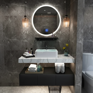 Armoire de salle de bain minimaliste avec évier supérieur en céramique, miroir intelligent, lavabo de toilette, meuble de salle de bains en ardoise Armoire de salle de bain minimaliste avec évier supérieur en céramique, miroir intelligent, lavabo de toilette, meuble de salle de bains en ardoise