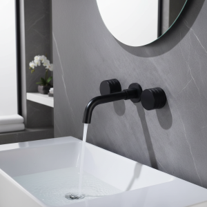 Robinet de salle de bains noir de luxe encastré, conception murale, double poignée, robinet de lavabo en laiton à 3 trous froid et chaud à double contrôle