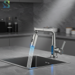 Robinet de cuisine extractible cascade avec affichage numérique, mélangeur chaud-froid, robinet intelligent, nouveau Style gris