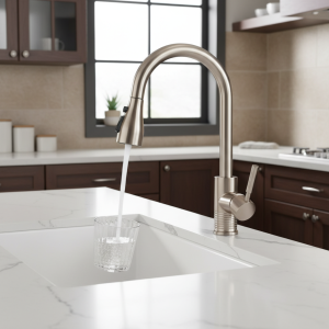 Plan de Cuisine en Nickel Brossé, Surface Eau Chaude et Froide, Évier Côtelé, Trou Unique