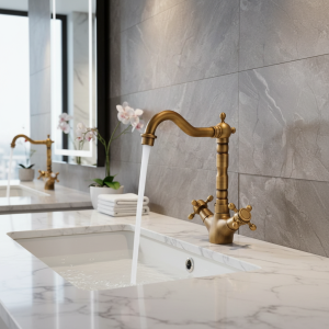 Robinet de centre commercial en laiton antique monté sur pont d’eau chaude et froide, poignée de tourisme, étude de cuisine à chaud Robinet de centre commercial en laiton antique monté sur pont d’eau chaude et froide, poignée de tourisme, étude de cuisine à chaud