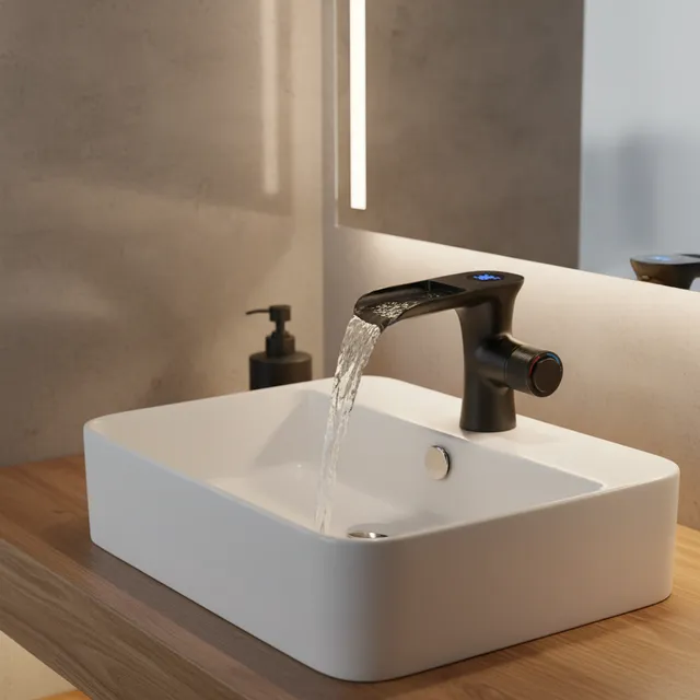 Robinet de lavabo noir salle de bains température chaude…