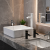 robinet mitigeur monocommande haut colonne cylindrique élancé bec court poignée plate vasque poser acier inoxydable eau chaude froide chrome