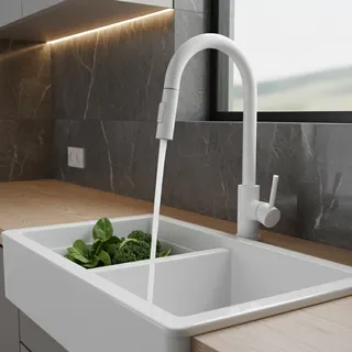 Robinet mitigeur évier cuisine col cygne haut finition blanche mate…