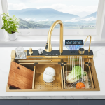 Évier de Cuisine en Acier Inoxydable avec Affichage Numérique, Grand Filles Unique, Bassin à Vaisselle, Cascade Chaude et Froide, 75x45cm