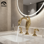Robinet de salle de bain de luxe en laiton en forme de cygne doré, robinet de lavabo à double poignée, mitigeur de pont, robinets d&rsquo;évier mélangeur d&rsquo;eau chaude et froide