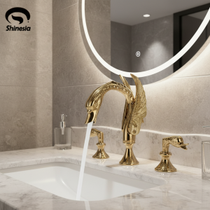 Robinet de salle de bain de luxe en laiton en forme de cygne doré, robinet de lavabo à double poignée, mitigeur de pont, robinets d’évier mélangeur d’eau chaude et froide Robinet de salle de bain de luxe en laiton en forme de cygne doré, robinet de lavabo à double poignée, mitigeur de pont, robinets d’évier mélangeur d’eau chaude et froide