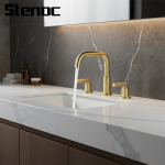 Robinet de lavabo fendu doré brossé, robinet de lavabo domestique monté sur le pont, tout en cuivre, trois trous, Double poignée, robinet chaud et froid