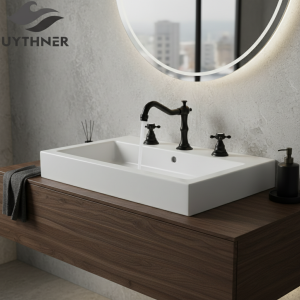 Uythner-Bassin d’eau chaude et froide monté sur le pont, robinet de centre commercial, installation annulée, 3 trous, noir Uythner-Bassin d’eau chaude et froide monté sur le pont, robinet de centre commercial, installation annulée, 3 trous, noir