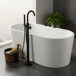 Lavabo sur pied autoportant en cuivre noir, robinet de baignoire, douche, seau en bois, bord de baignoire chaude et froide, robinet d&rsquo;eau latérale