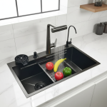 Évier de cuisine en accent d&rsquo;abeille anti-rayures, technologie nano, vidange gauche, éviers en acier inoxydable, 4 fonctions