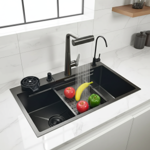 Évier de cuisine en accent d&rsquo;abeille anti-rayures, technologie nano, vidange gauche, éviers en acier inoxydable, 4 fonctions