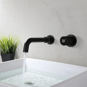 Robinet de salle de bains en laiton noir, conception d&rsquo;affichage numérique intelligent cachée, robinet de lavabo à double commande froid et chaud gris à poignée unique