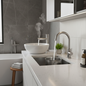 Mélangeur de bain robinet de cuisine en acier inoxydable, robinet d&rsquo;eau chaude et froide, robinets de lavabo, salle de bains, baignoire, ensemble d&rsquo;accessoires d&rsquo;évier