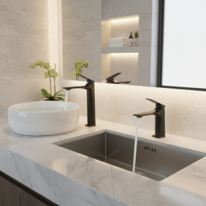 Robinet d&rsquo;évier de salle de bains noir pour cuisine à deux trous, lavabo en acier inoxydable, accessoires de robinet de douche, robinet mitigeur d&rsquo;eau chaude et froide
