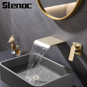 Robinet de lavabo cascade mural doré, robinet d&rsquo;évier de salle de bains, robinet d&rsquo;évier dissimulé en laiton, robinet mitigeur d&rsquo;eau chaude et froide