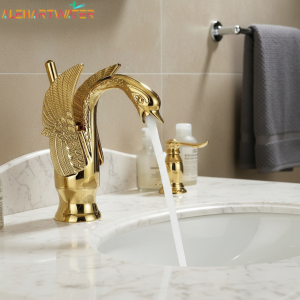 Robinet de lavabo doré, évier monté sur le pont, robinets courts en forme de cygne, évier à poignée unique, robinet mitigeur d&rsquo;eau chaude et froide