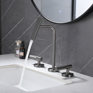 Robinet de Lavabo à Eau Chaude et Froide en Laiton, Design Moderne, 3 Trous, 2 Trous, Or Brossé, Gris Pistolet, Haute Qualité
