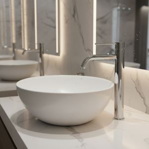 Robinet de centre commercial à trou unique, plan de bassin en laiton chromé, poignée unique