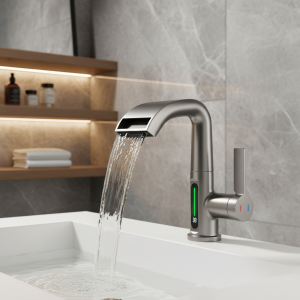 Robinet de lavabo cascade, robinet de cuisine et de salle de bains extractible, température de pluie, affichage numérique, sans batterie, acier inoxydable SUS604 Robinet de lavabo cascade, robinet de cuisine et de salle de bains extractible, température de pluie, affichage numérique, sans batterie, acier inoxydable SUS604