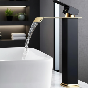 Robinet de lavabo cascade, robinet d’évier de salle de bains monté sur le pont, mitigeur d’eau froide et chaude en or noir, robinets d’évier de vanité en laiton Robinet de lavabo cascade, robinet d’évier de salle de bains monté sur le pont, mitigeur d’eau froide et chaude en or noir, robinets d’évier de vanité en laiton