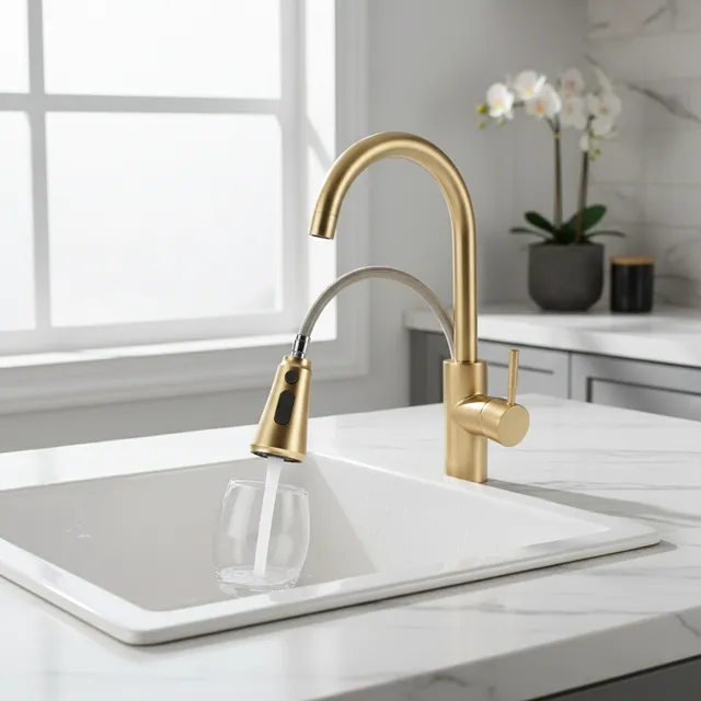 Robinet de cuisine à économie d'eau en or brossé