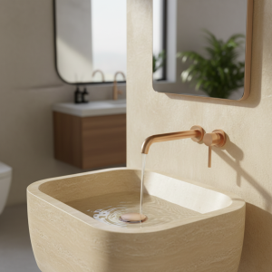 Robinet de lavabo mural minimaliste en laiton brossé or rose or, mitigeur de salle de bains moderne intégré à 2 trous d’eau chaude et froide Robinet de lavabo mural minimaliste en laiton brossé or rose or, mitigeur de salle de bains moderne intégré à 2 trous d’eau chaude et froide