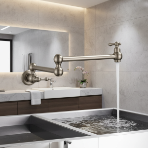 Robinet de cuisine de salle de bains à poignée unique en Nickel brossé, robinets de lavabo pliants à eau froide à un trou Robinet de cuisine de salle de bains à poignée unique en Nickel brossé, robinets de lavabo pliants à eau froide à un trou