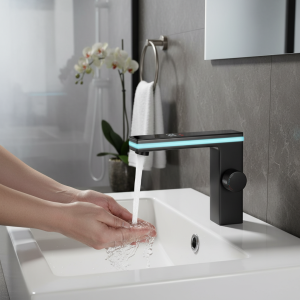 Robinet mitigeur de lavabo noir avec capteur, affichage numérique, salle de bains, grue d&rsquo;évier d&rsquo;eau en laiton LED, outils intelligents chauds et froids