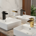 Robinet de Lavage Chaud et Froid à Poignée Unique, Cascade Noire, Évier de Vanité Carré, Centre Commercial, Or Chromé