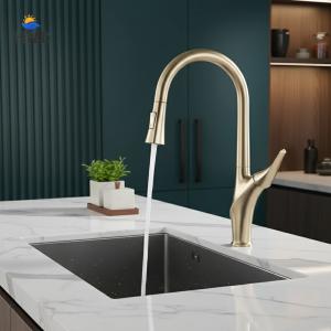 Robinets de centre commercial rotatifs à nervures en or brossé, robinet d&rsquo;eau froide et chaude, évier de cuisine monté sur le pont, poignée unique