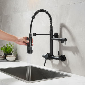 Robinet de cuisine noir, robinets d&rsquo;eau chaude et froide, robinet mural, mitigeur d&rsquo;évier, ressort, double bec pivotant, grue mitigeur d&rsquo;évier