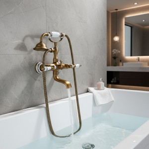 Robinet de douche en laiton antique pour baignoire, montage mural, bleu et blanc, poignée de touristes en porcelaine, eau chaude et froide, centre commercial