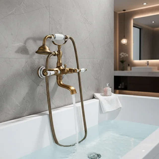 Robinet de douche en laiton antique pour baignoire