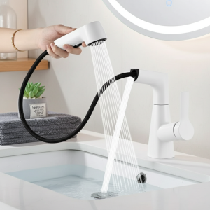 Robinet de lavabo de salle de bain extractible à double fonction : hauteur réglable, noyau en laiton anti-fuite, 360 ° Rotation, noir/argent/blanc Robinet de lavabo de salle de bain extractible à double fonction : hauteur réglable, noyau en laiton anti-fuite, 360 ° Rotation, noir/argent/blanc