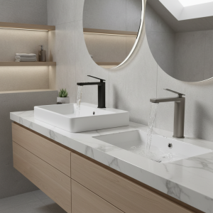 Robinet de lavabo Antique, sortie cascade, salle de bains, robinets d&rsquo;évier noirs, mitigeur d&rsquo;eau chaude et froide gris à levier unique, blanc