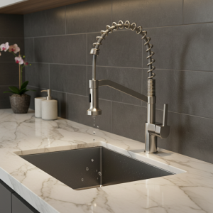 Évier de Cuisine Moderne en Laiton Poli et Nickel Brossé, Robinet de Centre Commercial avec Poignée Unique, Bec à Comcussion, 9013