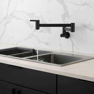 Robinet de remplissage d’extension d’évier à double interrupteur en laiton, bec pliant rotatif, montage mural de cuisine, noir Robinet de remplissage d’extension d’évier à double interrupteur en laiton, bec pliant rotatif, montage mural de cuisine, noir