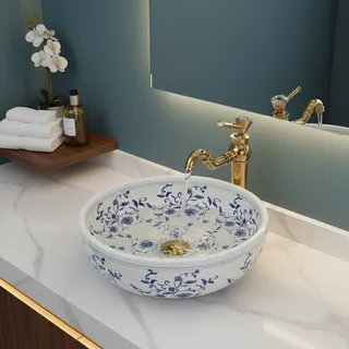 Vasque ronde porcelaine émaillée blanche brillante décor floral bleu…