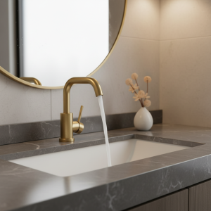 Robinet d&rsquo;eau froide et chaude monté sur le pont, robinet d&rsquo;évier de centre commercial, poignée unique, or brossé