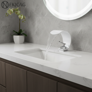 Robinet de lavabo cascade chromé blanc, monotrou, montage sur pont, mitigeur d’eau froide et chaude à poignée unique, grue de salle de bains Robinet de lavabo cascade chromé blanc, monotrou, montage sur pont, mitigeur d’eau froide et chaude à poignée unique, grue de salle de bains