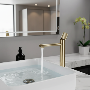 Robinet moleté Robinet de lavabo en or brossé Robinets de salle de bain Mitigeur d&rsquo;évier chaud et froid Robinet de lavabo moleté