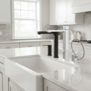 HAUSBathroom-Robinetterie de cuisine chromée, acier inoxydable, montage sur pont, tabouret F/05 et pulvérisateur HAUSBathroom-Robinetterie de cuisine chromée, acier inoxydable, montage sur pont, tabouret F/05 et pulvérisateur