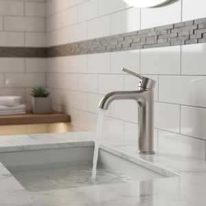 Robinet de lavabo de salle de bains galvanisé en acier inoxydable, avec mitigeur chaud et froid intégré installé sous le comptoir